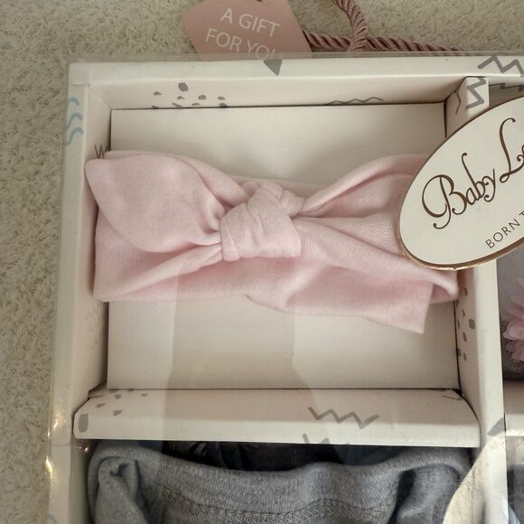 Baby Girl 5pc Gift Set 3-6 MO Pink&Gray Infant-bodysuit-pants-bib-socks-H.Band - Picture 3 of 10